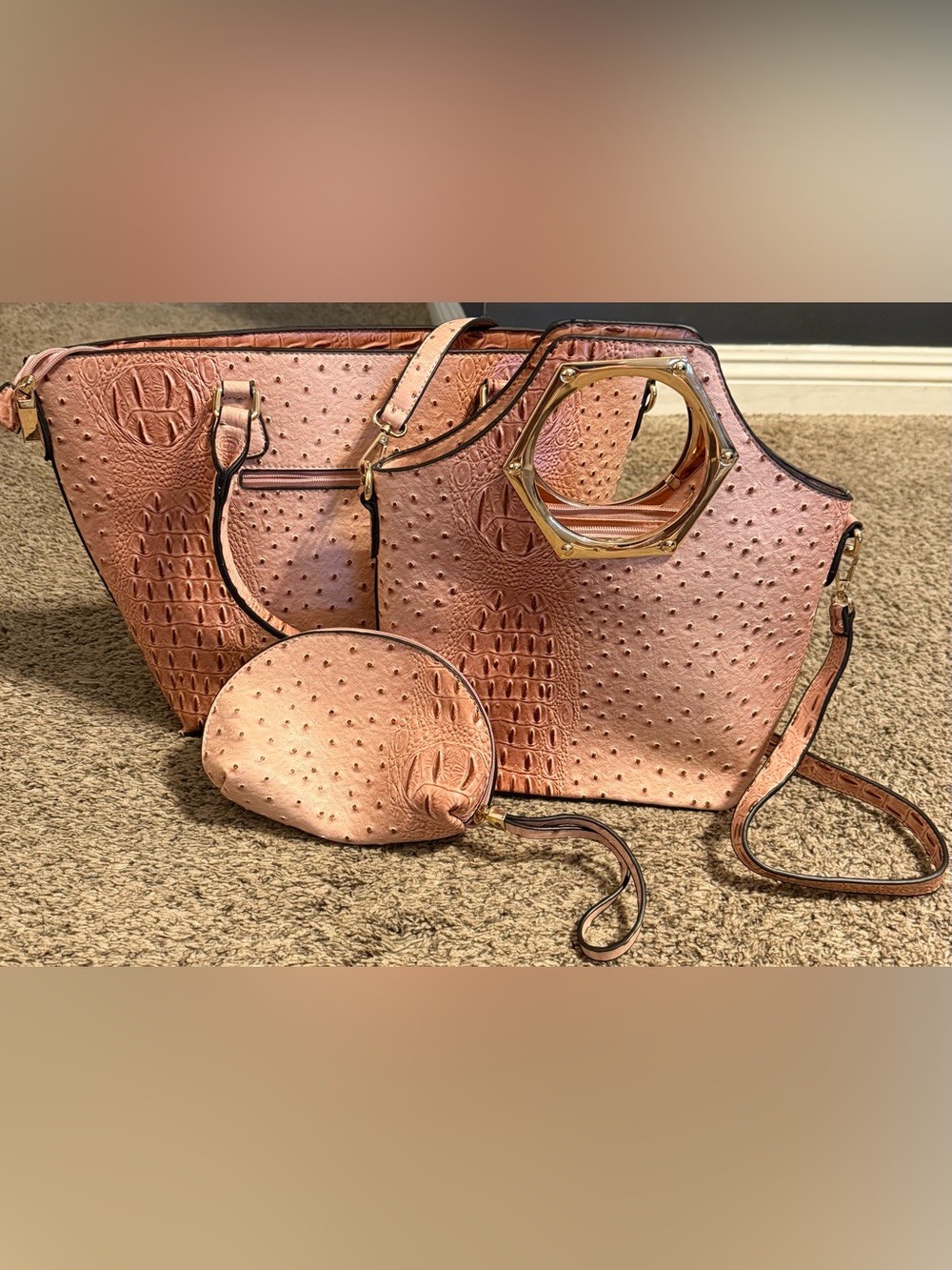 Blush Faux Ostrich-Textured 3-Piece Handbag Set